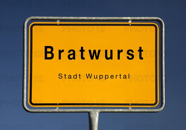 Bratwurst town sign, location of the Bergisch town of Wuppertal, North Rhine-Westphalia, Germany, Europe