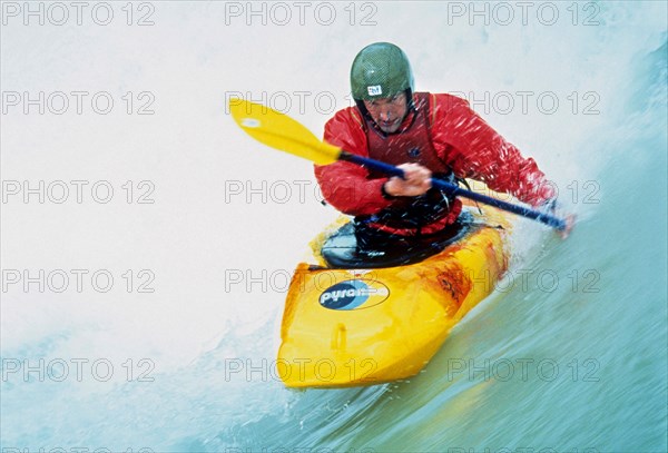 Kayaker on the Isar at high water, Wittelsbacherbruecke, Munich, Bavaria, Germany, vintage, retro, Europe