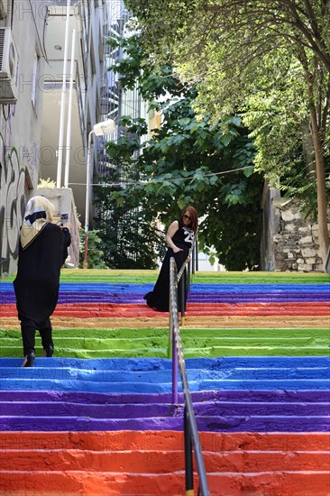 Tourists, painted staircase in rainbow colours, Istanbul, European part, Istanbul province, Turkey, Asia