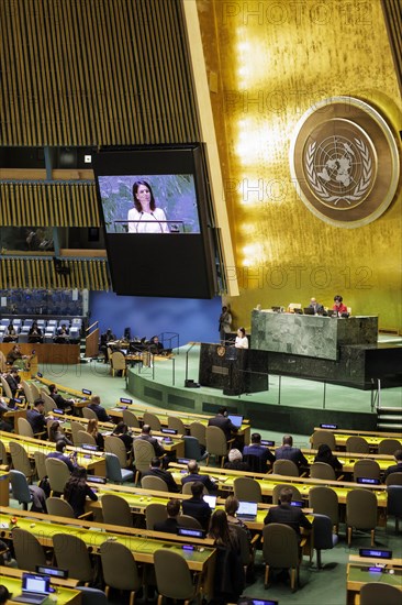 Plenary session of the United Nations General Assembly on 'AeRThe situation in the temporarily 'AeRoccupied territories of Ukraine in New York, 24 February 2024. Annalena Baerbock (Alliance 90/The Greens), Federal Foreign Minister, travels to New York to mark the anniversary of the attack on Ukraine. Photographed on behalf of the Federal Foreign Office