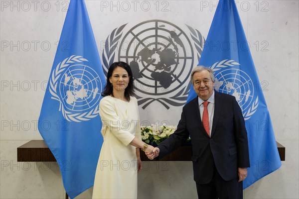 Annalena Baerbock (Alliance 90/The Greens), Federal Foreign Minister, photographed at a meeting with Antonio Guterres, Secretary-General of the United Nations, in New York, 24 February 2024. Annalena Baerbock (Alliance 90/The Greens), travelling to New York to mark the anniversary of the attack on Ukraine. Photographed on behalf of the Federal Foreign Office