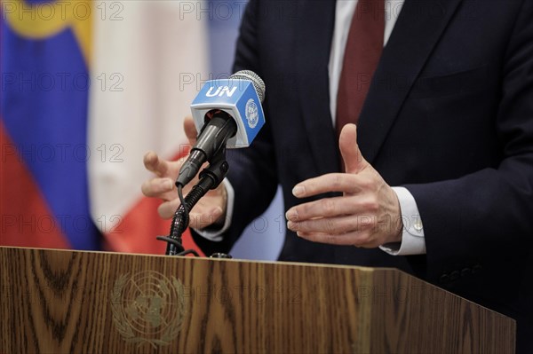 David Cameron, Foreign Secretary of Great Britain, photographed during a press statement in New York, 24 February 2024, on behalf of the Federal Foreign Office