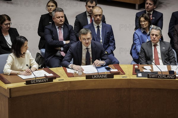 Annalena Baerbock (Alliance 90/The Greens), Federal Foreign Minister, and Dmytro Kuleba, Foreign Minister of Ukraine, at the meeting of the United Nations Security Council on the maintenance of peace and security in Ukraine in New York, 24 February 2024. Annalena Baerbock (Alliance 90/The Greens), travelling to New York to mark the anniversary of the attack on Ukraine. Photographed on behalf of the Federal Foreign Office