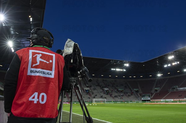 WWK Arena, FC Augsburg FCA, interior, TV camera, logo, Bundesliga, bib, red, blue hour, Augsburg, Bavaria, Germany, Europe