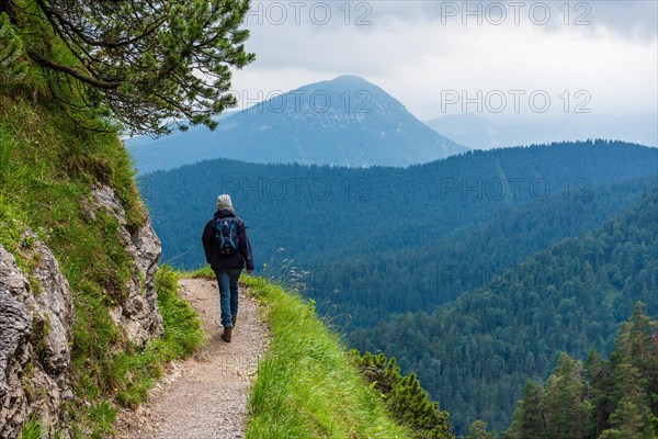 A hiker on a mountain path surrounded by green trees with a view of forested mountains under a cloudy sky, Herzogstand, Bavaria