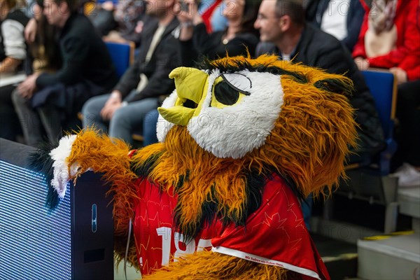 18.02.2024, Friedrich-Ebert-Halle Ludwigshafen: The owl, the mascot of the second-division handball club Eulen Ludwigshafen
