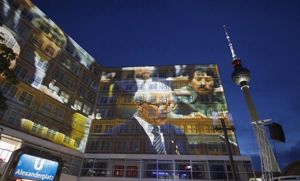 On the 30th anniversary of the fall of the Wall, 3D video projections of historical images and videos commemorate the events of the Peaceful Revolution and the opening of the Wall at original locations, such as here at Berlin's Alexanderplatz Erich honecker, 06.11.2019