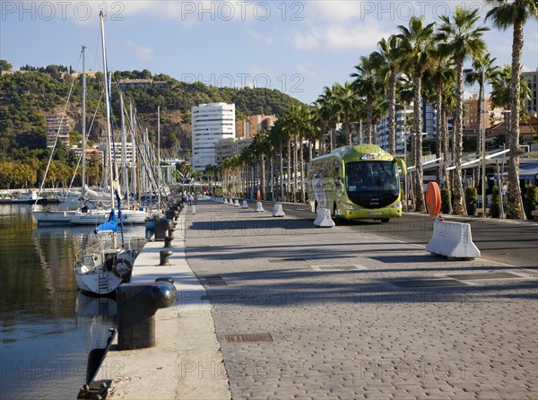 Yachts in marina of new port development Muelle Uno in Malaga, Spain, Europe