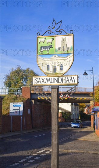 Town street and sign for Saxmundham, Suffolk, England, United Kingdom, Europe