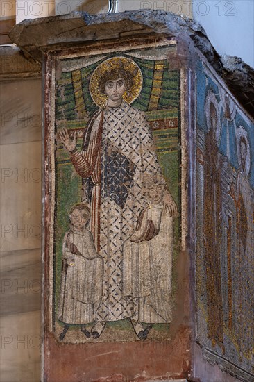 Interior view of St George with children, 6th century mosaic, Church of Hagios Demetrios, also known as Agios Dimtrios or Demetrios Basilica, Thessaloniki, Macedonia, Greece, Europe