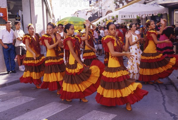 Girls from flamenco school perform at street party in Velez-Malaga, Andalusia, Spain, Southern Europe. Scanned thumbnail slide, Europe