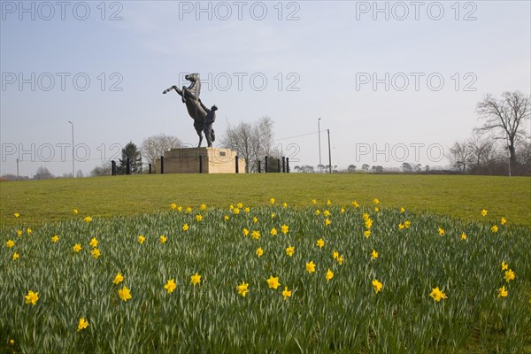 The Newmarket stallion sculpture by Marcia Astor and Allan Sly 2000 near the National Stud, Newmarket, Suffolk, England, United Kingdom, Europe
