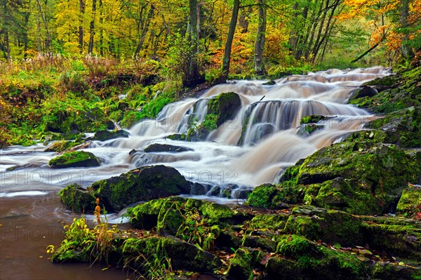 Waterfall near Alexisbad on the Selke river in nature reserve Obere Selketal in autumn, Harz district, Saxony-Anhalt, Sachsen-Anhalt, Germany, Europe