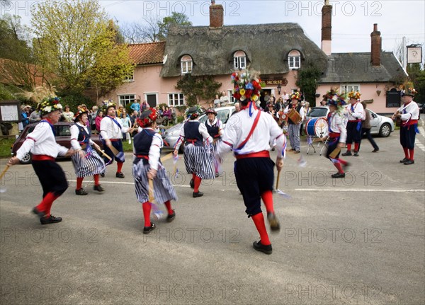 Traditional Morris Men doing country dancing in the village of Shottisham, Suffolk, England, United Kingdom, Europe