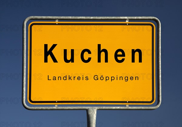 Town sign Kuchen, municipality in the district of Goeppingen, Baden-Wuerttemberg, Germany, Europe