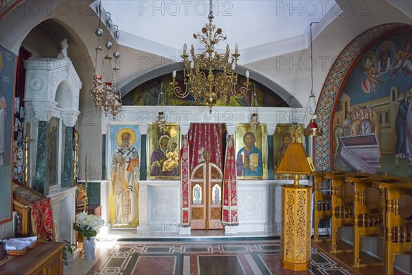 Interior view of a small church with richly decorated iconostasis and frescoes, Monastery of St Nicholas, Monastery of Agios Nikolaos, Agiou Nikolaou, Vistonidas Burma Lagoon, Porto Lagos, Xanthi, Eastern Macedonia and Thrace, Greece, Europe