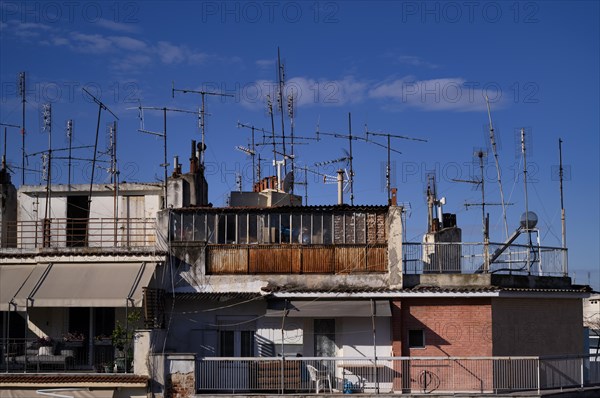 Residential buildings, antenna forest, roofs, roof terraces, roof antennas, Leonida Iasonidou street, evening light, Thessaloniki, Macedonia, Greece, Europe