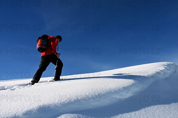 Snowshoe hiking in the Beverin nature park Park, Graubuenden, Switzerland, Europe