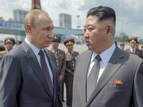 Russian President Vladimir Putin stands with President of Korea Kim Jong Un. AI generated