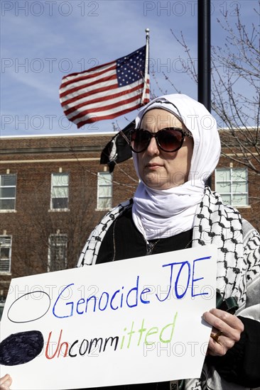 Hamtramck, Michigan USA, 25 February 2024, Two days ahead of Michigan's Presidential primary election, a rally in this heavily Arab-American city urges a vote for uncommitted instead of for Joe Biden. Many Arab-Americans are furious about Biden's support for Israel in the Gaza war. Israel's bombing there has cost tens of thousands of Palestinian lives