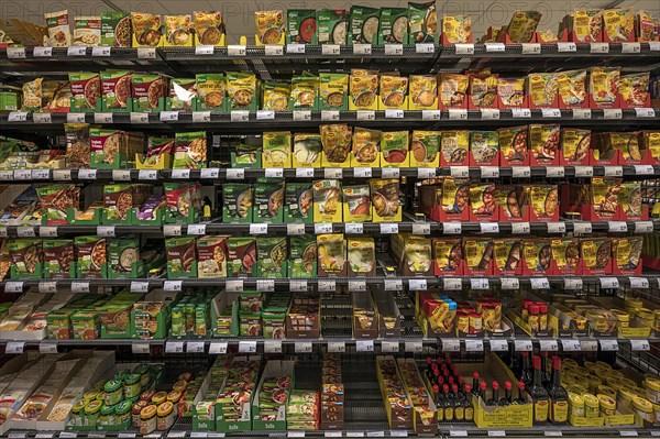 Shelf with bags of soup in a supermarket, Bavaria, Germany, Europe