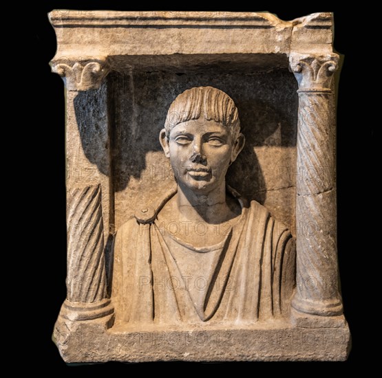 Aedicule monument with portrait of a young man, 2nd century, National Archaeological Museum, Villa Cassis Faraone, UNESCO World Heritage Site, important city in the Roman Empire, Friuli, Italy, Aquileia, Friuli, Italy, Europe