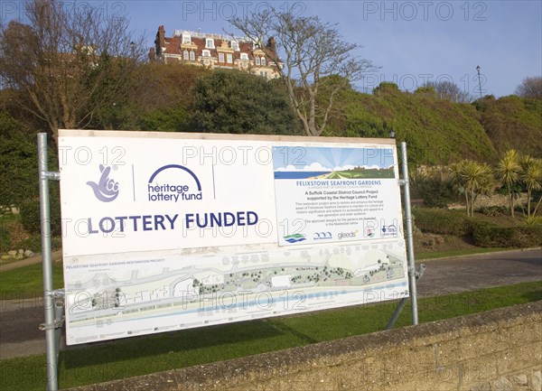 Sign for national lottery funded garden heritage restoration project at Felixstowe seafront, Suffolk, England, United Kingdom, Europe