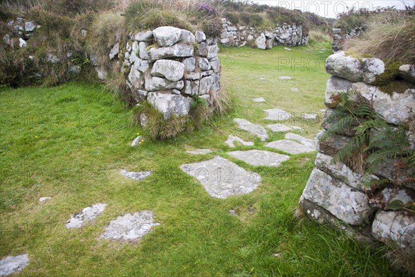 Chysauster Ancient Village is a late Iron Age and Romano-British village of courtyard houses in Cornwall, England, United Kingdom, Europe