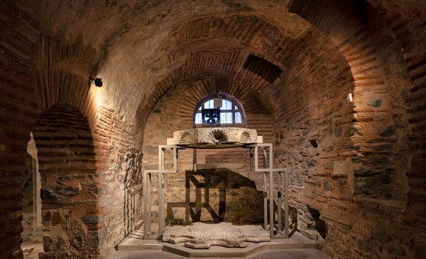 Interior view of the ambo, crypt, remains of the Roman baths, Hagios Demetrios Church, also known as Agios Dimtrios or Demetrios Basilica, Thessaloniki, Macedonia, Greece, Europe
