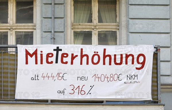 Tenant protest at a block of flats in Berlin's Friedrichshain district. The rent is to be increased from EUR 444.15 to EUR 1404.80, rent increase of 316%, 15 September 2019