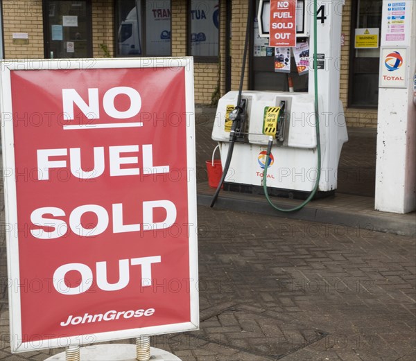 No Fuel Sold Out sign on petrol pumps in John Grose garage, Melton, Suffolk, England, United Kingdom, Europe