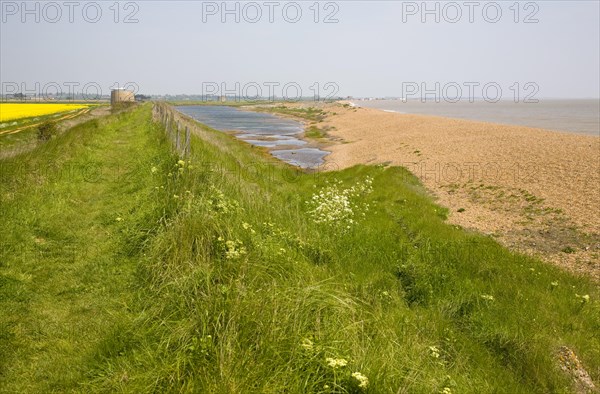 Shingle beach bar and lagoon formed by north to south longshore drift at Bawdsey, Suffolk, England, United Kingdom, Europe