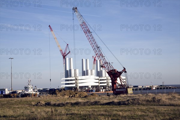 Cranes and wind turbine components, Outer Harbour, Port of Great Yarmouth, England, United Kingdom, Europe