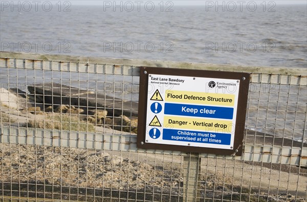 Notice about coastal defence structure at East Lane, Bawdsey, Suffolk, England, United Kingdom, Europe