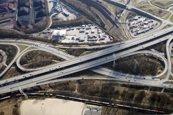 Aerial view, BAB exit Waltershof, A7, motorway, Hamburg, Germany, Europe