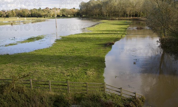 River Deben flooding showing standing water and bankfull conditions, Wickham Market, Suffolk, England, United Kingdom, Europe