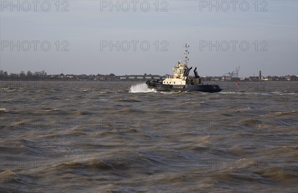 Tug boat in River Orwell with Harwich in the distance, Port of Felixstowe, Suffolk, England, United Kingdom, Europe