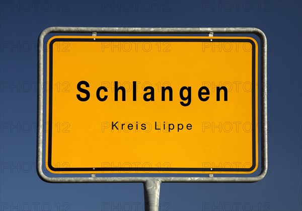 Schlangen town sign, municipality in the district of Lippe, North Rhine-Westphalia, Germany, Germany, Europe