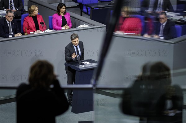 Robert Habeck, Federal Minister for Economic Affairs and Climate Protection and Vice-Chancellor, (Alliance 90/The Greens) recorded during his government statement on the annual economic report in the German Bundestag in Berlin, 22/02/2024