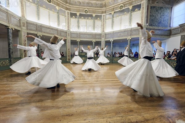 Dancing dervishes, dervish dance Sema, Mevlevihanesi Muezesi at Istiklal Caddesi, Istanbul, European part, Turkey, Asia