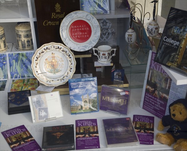 Shop window display of pottery and music DVDs from King's College, Cambridge, England, United Kingdom, Europe