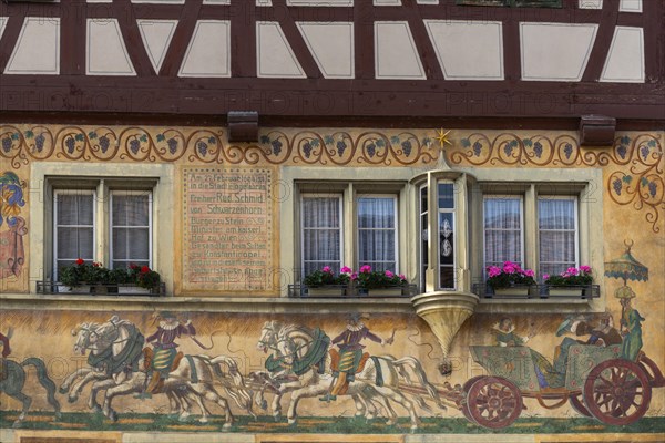 Stein am Rhein, historic old town, mural painting, four-in-hand carriage, horse-drawn carriage, half-timbered house, Canton Schaffhausen, Switzerland, Europe