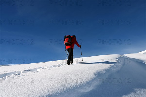 Snowshoe hiking in the Beverin nature park Park, Graubuenden, Switzerland, Europe