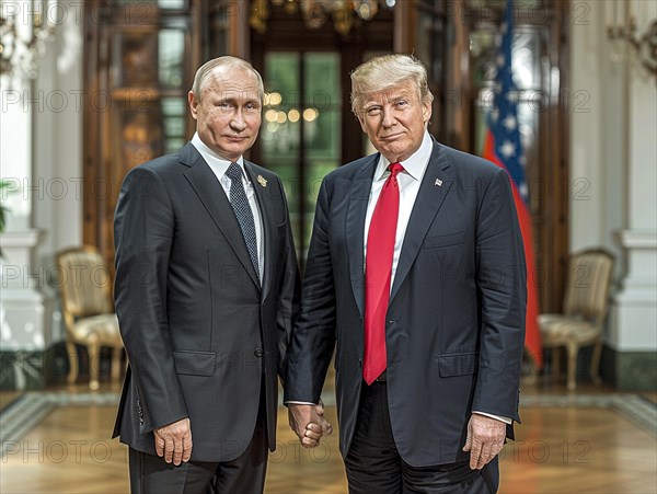 Russian President Vladimir Putin stands with USA President Donald Trump. AI generated