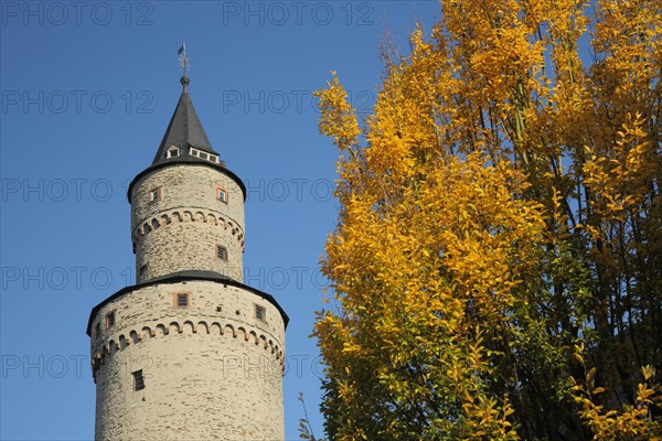 Witches' tower in autumn, landmark, butter barrel tower, Idstein, Taunus, Hesse, Germany, Europe