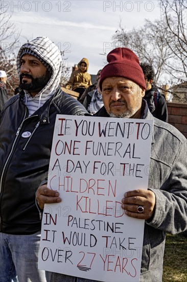 Hamtramck, Michigan USA, 25 February 2024, Two days ahead of Michigan's Presidential primary election, a rally in this heavily Arab-American city urges a vote for uncommitted instead of for Joe Biden. Many Arab-Americans are furious about Biden's support for Israel in the Gaza war. Israel's bombing there has cost tens of thousands of Palestinian lives