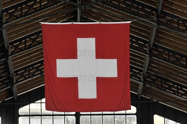 Swiss flag, Lake Geneva, Montreux, Canton of Vaud, Switzerland, Europe