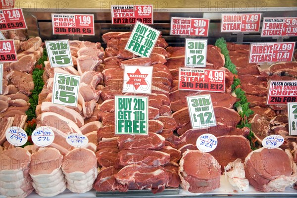 Meat display in butcher's shop window