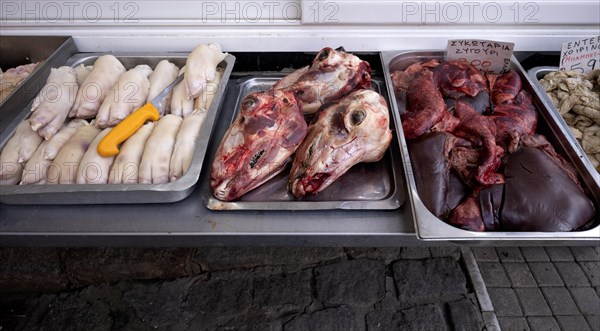 Display of fresh meat, butchery, sheep heads, offal, food, Kapani market, Vlali, Thessaloniki, Macedonia, Greece, Europe