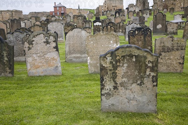 Eighteenth and nineteenth century gravestones at Tynemouth priory, Northumberland, England, United Kingdom, Europe